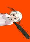  1other baseball_bat black_eyes bug child club_(weapon) dress hair_between_eyes highres holding holding_baseball_bat humanization looking_at_viewer moth moth_antennae orange_background original rotated short_hair spiked_club uni_no weapon white_dress white_hair 