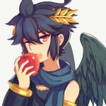  1boy angel angel_wings apple armband armlet black_hair black_wings dark_pit eating feathered_wings food fruit grey_background holding holding_food holding_fruit kid_icarus kid_icarus_uprising laurel_crown looking_at_viewer male_focus open_mouth red_eyes solo teeth upper_body wings wusagi2 