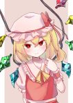 1girl blonde_hair bow brown_background closed_mouth commentary crystal fang flandre_scarlet hat hat_bow hat_ribbon highres kalmia495 looking_at_viewer medium_hair mob_cap one_side_up pointy_ears red_bow red_eyes red_ribbon red_vest ribbon shirt short_sleeves simple_background solo touhou upper_body vest white_headwear white_shirt wings 
