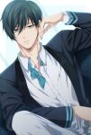  1boy absurdres arm_up black_hair black_jacket blue_bow blue_bowtie blue_eyes blue_lock bow bowtie closed_mouth collared_shirt formal highres itoshi_rin jacket long_sleeves looking_at_viewer male_focus may_(illust_man_2020) shirt short_hair solo upper_body white_background white_shirt 