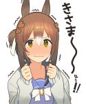  1girl animal_ears ashinowoto blush bow bowtie brown_hair cardigan clenched_hands closed_mouth clover_hair_ornament fine_motion_(umamusume) full-face_blush furrowed_brow green_eyes hair_bun hair_ornament hands_up highres horse_ears long_hair long_sleeves looking_at_viewer multicolored_hair purple_shirt sailor_collar shirt solo translated trembling two-tone_hair umamusume upper_body wavy_mouth white_background 