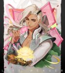  1boy brown_eyes character_name collarbone commentary dark_skin flower gold_armor highres holding holding_flower kuzunue lifeweaver_(overwatch) long_hair looking_at_viewer male_focus one_eye_closed open_clothes overwatch overwatch_2 pectorals petals pink_flower rose solo upper_body white_flower white_hair white_sleeves 
