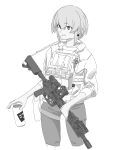 1girl absurdres ar-15 can commentary_request greyscale gun hair_between_eyes highres holding holding_can holding_gun holding_weapon looking_away monochrome original pants shirt sidelocks simple_background smile solo soutou_nagi weapon white_background
