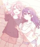  1girl 1other akiyama_mizuki asahina_mafuyu black_shirt blue_shorts blush breasts closed_eyes closed_mouth drooling hair_between_eyes highres long_hair mouth_drool on_bed pillow pink_hair pink_shorts project_sekai purple_hair shirt short_shorts short_sleeves shorts sleeping small_breasts sorimachi-doufu violet_eyes white_shirt zzz 