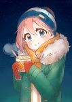  1girl beanie blue_eyes blush coat cup fur-trimmed_coat fur_trim gloves green_coat hair_between_eyes hat holding holding_cup ice_s_s_z kagamihara_nadeshiko long_sleeves looking_at_viewer night orange_scarf outdoors pink_hair red_gloves scarf smile solo star_(sky) steam upper_body yurucamp 