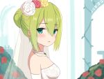  1girl absurdres alina_gray alternate_costume alternate_hairstyle bare_shoulders blush breasts bridal_veil dress flower green_eyes green_hair hair_between_eyes hair_bun hair_flower hair_ornament highres jewelry looking_at_viewer magia_record:_mahou_shoujo_madoka_magica_gaiden mahou_shoujo_madoka_magica medium_breasts multicolored_hair necklace open_mouth red_flower rose short_hair single_hair_bun solo streaked_hair suzugahama upper_body veil wedding_dress white_dress white_flower 