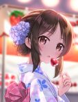  1girl blurry blurry_background blush breasts brown_eyes brown_hair floral_print food food_stand fruit hair_ornament hair_scrunchie half_updo highres holding holding_food idolmaster idolmaster_cinderella_girls idolmaster_cinderella_girls_starlight_stage idolmaster_cinderella_girls_u149 japanese_clothes kimono lamp long_hair looking_at_viewer nagononn obi open_mouth print_kimono sash scrunchie small_breasts solo strawberry summer_festival tachibana_arisu white_kimono yatai 