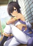  1boy animal_ears armlet azuki_yui black_hair blush dark-skinned_male dark_skin hair_between_eyes highres kuuran_(utawarerumono) midriff pants sitting solo tan tree utawarerumono utawarerumono:_lost_flag violet_eyes white_pants 