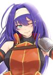  1girl ahoge bare_shoulders blue_hair breasts fire_emblem fire_emblem:_path_of_radiance fire_emblem:_radiant_dawn green_eyes hairband highres large_breasts long_hair looking_to_the_side mia_(fire_emblem) one_eye_closed simple_background smile solo sparkle upper_body vialnite white_background white_hairband 
