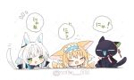  2girls animal_ears arknights artist_name black_cat blonde_hair blue_hairband blush cat cat_ears cat_girl cat_tail chibi closed_eyes collar commentary earpiece fox_ears fox_girl fox_tail frilled_hairband frills green_eyes hair_ornament hair_scrunchie hairband infection_monitor_(arknights) itsuki_02 long_hair luoxiaohei multiple_girls multiple_tails open_mouth rosmontis_(arknights) scrunchie suzuran_(arknights) tail the_legend_of_luo_xiaohei translated twitter_username white_hair white_scrunchie 