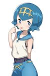  1girl absurdres blue_eyes blue_hair blush bob_cut bright_pupils covered_navel finger_to_face freckles gazacy_(dai) highres lana_(pokemon) no_sclera pokemon pokemon_(game) pokemon_sm sailor_collar short_hair simple_background smile solo swimsuit swimsuit_under_clothes tiara tongue tongue_out white_background white_pupils 