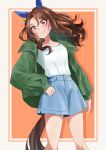  1girl absurdres alternate_costume animal_ears blue_shorts blush breasts brown_hair closed_mouth ear_covers feet_out_of_frame freely2327 green_jacket highres horse_ears horse_girl horse_tail jacket king_halo_(umamusume) long_hair long_sleeves looking_at_viewer one_side_up open_clothes open_jacket orange_eyes parted_bangs shirt shirt_tucked_in shorts small_breasts smile solo tail umamusume white_shirt 