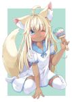  1girl :p ahoge animal_ear_fluff animal_ears blonde_hair blue_eyes blue_sailor_collar blush border closed_mouth collarbone commentary_request dark-skinned_female dark_skin dress fox_ears fox_girl fox_tail full_body green_background highres holding holding_paintbrush long_hair looking_at_viewer manabe_mana one_eye_closed original outside_border paintbrush puffy_short_sleeves puffy_sleeves sailor_collar sailor_dress short_sleeves simple_background sitting solo tail thigh-highs tongue tongue_out wariza white_border white_dress white_thighhighs 