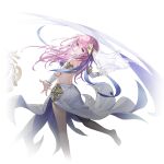  1girl bare_legs elbow_gloves gloves hair_ornament higan:_eruthyll highres long_hair looking_back mouth_veil nuno_(higan:_eruthyll) official_art pink_eyes pink_hair solo veil 