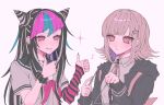  2girls animal_bag backpack bag black_hair black_sailor_collar cat_bag collared_shirt danganronpa_(series) danganronpa_2:_goodbye_despair ear_piercing earrings flipped_hair galaga green_hair grey_shirt hair_horns hair_ornament hand_up highres jewelry looking_at_another medium_hair mioda_ibuki multicolored_hair multiple_girls musical_note nanami_chiaki neck_ribbon piercing pink_bag pink_eyes pink_hair pink_ribbon ribbon ru-pe_(gstm_0915) sailor_collar scrunchie shirt short_sleeves thumbs_up triangle upper_body white_hair wrist_scrunchie 