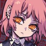  1girl chainsaw_man closed_mouth collared_shirt earrings fami_(chainsaw_man) jewelry medium_hair mole mole_under_eye mole_under_mouth multicolored_background necktie orange_eyes phantom_ix_row pink_hair portrait red_necktie red_vest shirt solo vest white_shirt 