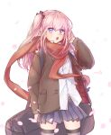  1girl absurdres bag blue_eyes blue_skirt blush brown_jacket cherry_blossoms girls_frontline grey_thighhighs highres ice_s_s_z jacket long_hair long_sleeves looking_at_viewer one_side_up open_clothes open_jacket open_mouth petals pink_hair pleated_skirt red_scarf scarf shirt simple_background skirt solo st_ar-15_(girls&#039;_frontline) st_ar-15_(literary_girl)_(girls&#039;_frontline) thigh-highs white_background white_shirt 
