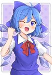 1girl ;d ahoge blue_bow blue_eyes blue_hair blush bow breasts cirno double-parted_bangs dress grey_background hair_bow hand_up happy highres houri_sh ice ice_wings medium_breasts one_eye_closed open_mouth outline short_hair short_sleeves simple_background smile solo tongue touhou upper_body wing_collar wings 