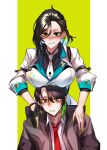  1boy 1girl absurdres behind_another black_hair black_shirt blue_hair blush breasts brown_hair brown_jacket commentary_request commission dogs_(dlrkdejr26) earrings girls_frontline gloves green_eyes green_hair green_nails hair_ornament hands_on_another&#039;s_shoulders highres jacket jewelry korean_commentary large_breasts light_blue_hair long_hair long_sleeves looking_at_another mole mole_under_eye multicolored_hair nail_polish necktie open_mouth original python_(girls&#039;_frontline) ring scar shirt shooting_gloves short_hair simple_background smile solo star_pin streaked_hair sweat two-tone_background two-tone_hair wedding_ring white_jacket white_necktie white_shirt 