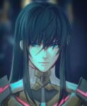  1boy armor black_hair blue_eyes blurry blurry_background closed_mouth cyacyacyacyaki hair_between_eyes highres long_hair looking_at_viewer male_focus n_(xenoblade) pauldrons shoulder_armor sidelocks solo xenoblade_chronicles_(series) xenoblade_chronicles_3 