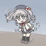  1girl :3 beret black_headwear black_socks buttons chibi commentary_request epaulettes ferret-san gloves grey_eyes grey_hair grey_skirt hat jacket jumping kantai_collection kashima_(kancolle) long_hair long_sleeves military military_jacket military_uniform neckerchief pleated_skirt red_neckerchief sidelocks skirt socks solo twintails uniform wavy_hair white_gloves white_jacket 