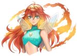  1girl aqua_eyes aqua_shirt aqua_wings bare_shoulders bloom_(winx_club) breasts fairy fairy_wings fire long_hair looking_at_viewer medium_breasts orange_hair redhead shirt sparkle_print tiara upper_body wings winx_club xen_(sei) xenvita 