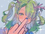  1girl antlers blue_nails ceres_fauna detached_sleeves foreshortening green_hair hair_over_one_eye highres hololive hololive_english kokomi_(aniesuakkaman) leaf long_hair looking_at_viewer middle_finger mole mole_under_eye nail_polish smile solo two_side_up upper_body virtual_youtuber yellow_eyes 