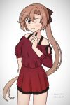  1girl akigumo_(kancolle) brown_hair contrapposto dress gradient_background green_eyes hair_ribbon highres kantai_collection konato_k long_hair official_alternate_costume one-hour_drawing_challenge one_eye_closed ponytail red_dress ribbon smile solo stylus white_background 