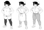 1girl apron bandana breasts commentary denim hands_on_own_hips jeans large_breasts niku_(pomki) original pants pomki shoes short_hair short_shorts shorts sleeves_rolled_up sneakers sweater thick_eyebrows thigh-highs 