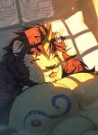  absurdres animal_ears bare_pectorals chest_tattoo fang hair_between_eyes highres horns kiekoio lion muscular muscular_male on_bed one_eye_closed paper pazuzu_(housamo) pectorals single_horn tattoo tokyo_afterschool_summoners tongue tongue_out window_shade yellow_eyes 