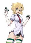  1girl akatsuki_kirika blonde_hair breasts gloves green_eyes green_leotard hair_ornament highres leotard leotard_under_clothes looking_at_viewer lydian_academy_school_uniform medium_breasts necktie no_pants school_uniform senki_zesshou_symphogear short_hair smile solo striped striped_thighhighs suzunarisakuya thigh-highs 