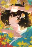  1girl absurdres ahoge aqua_kimono araragi_tsukihi autumn autumn_leaves black_hair blurry blurry_foreground blush bob_cut brown_eyes close-up closed_mouth commentary dancing daramjwijjang41 depth_of_field egg_hair_ornament eyelashes falling_leaves floating_hair floral_print food-themed_hair_ornament fried_egg hair_between_eyes hair_ornament hair_strand hand_on_own_face hands_up head_tilt highres japanese_clothes kimono leaf light_smile looking_at_viewer maple_leaf monogatari_(series) original portrait short_hair smile solo symbol-only_commentary upper_body 