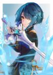 1boy black_jacket blue_hair blurry blurry_foreground brown_eyes closed_mouth commentary_request depth_of_field from_side genshin_impact hair_over_one_eye highres holding holding_sword holding_weapon jacket looking_at_viewer looking_to_the_side narushina solo sword weapon xingqiu_(genshin_impact)