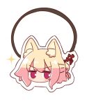  1girl animal_ear_fluff animal_ears blonde_hair blush commentary fox_ears hair_between_eyes hair_bun hair_ornament hair_tie head_only highres kemomimi-chan_(naga_u) looking_at_viewer naga_u original outline simple_background solo sparkle v-shaped_eyebrows violet_eyes white_background white_outline 