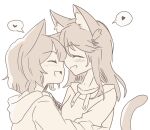  2girls animal_ears cat_ears cat_tail closed_eyes cuddling flat_color heart highres hood hoodie merryhime multiple_girls muted_color open_mouth original short_hair sketch spoken_heart tail white_background yuri 