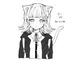  1girl :&lt; animal_ears blunt_bangs blush breasts cat_ears cat_girl cat_tail cropped_torso danganronpa_(series) danganronpa_2:_goodbye_despair dated dress_shirt greyscale hood hood_down jacket large_breasts looking_at_viewer monochrome nanami_chiaki open_clothes open_jacket ru-pe_(gstm_0915) shirt solo spaceship_hair_ornament tail translation_request upper_body 