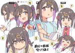  1girl :d bare_arms black_hair bolo_tie braid brown_eyes closed_eyes commentary derivative_work expressions funiketsu hair_between_eyes hair_ornament hair_ribbon hairclip highres lab_coat multicolored_hair multiple_views onii-chan_wa_oshimai! open_mouth oyama_mihari purple_hair red_ribbon red_shirt ribbon shirt simple_background smile translation_request twin_braids twintails two-tone_hair watch watch white_background wing_collar 