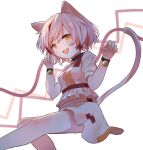  1girl animal_ears ar_(maeus) bell blush cat_ears cat_tail crop_top fang feet_out_of_frame goutokuji_mike highres jingle_bell multicolored_hair open_mouth orange_eyes patch shirt short_hair short_sleeves skirt smile solo streaked_hair tail touhou white_hair white_shirt white_skirt 