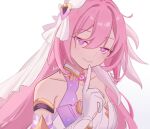  1girl bare_shoulders closed_mouth collarbone elf elysia_(herrscher_of_human:ego)_(honkai_impact) elysia_(honkai_impact) gloves hair_ornament highres honkai_(series) honkai_impact_3rd long_hair looking_at_viewer pink_eyes pink_hair pointy_ears rena_(_rrena) simple_background smile solo upper_body veil very_long_hair white_background white_gloves 