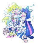  2girls absurdres ahoge angel blonde_hair blue_eyes blue_hair blunt_bangs blush bow brooch colored_inner_hair crop_top gogeyama hair_bow heart_brooch highres jewelry leg_warmers long_hair looking_at_viewer multicolored_hair multiple_girls panty_&amp;_stocking_with_garterbelt panty_(psg) pink_hair siblings simple_background sisters skirt stocking_(psg) streaked_hair tongue white_background white_bow white_skirt white_wings wings 