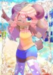 1girl ;3 ahoge animal_ears arm_up blue_shorts blurry blurry_background blush bow closed_mouth commentary_request commission depth_of_field feet_out_of_frame furry furry_female green_eyes hair_between_eyes horns kou_hiyoyo long_hair looking_at_viewer one_eye_closed original outstretched_arm pink_bow pink_hair plaid plaid_bow pointing shirt shorts skeb_commission sleeveless sleeveless_shirt solo standing yellow_shirt 