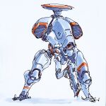  blue_background bouss english_commentary gun holding holding_gun holding_weapon mecha no_humans one-eyed orange_eyes original robot science_fiction shadow solo standing traditional_media weapon 