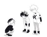  3boys aged_down bakugou_katsuki ball boku_no_hero_academia child freckles full_body greyscale hands_on_own_knees hat highres holding holding_ball hood hood_down hoodie jessiejjjj layered_sleeves long_sleeves looking_at_another male_child male_focus midoriya_izuku monochrome multiple_boys open_mouth pants print_shirt shirt shoes short_hair short_over_long_sleeves short_sleeves shorts simple_background spiky_hair squatting standing tears todoroki_shouto white_background 