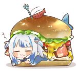  1girl :3 =_= blue_hair blunt_bangs blush_stickers burger cheese chibi commentary ebi-chan_(gawr_gura) food food_focus gawr_gura ham highres hololive hololive_english in_food lettuce multicolored_hair polearm same_anko shrimp simple_background sleeping solo symbol-only_commentary trident two-tone_hair two_side_up virtual_youtuber weapon white_background white_hair zzz 