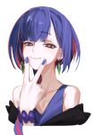  1girl absurdres armpit_crease bare_shoulders blue_eyes blue_hair blue_shirt bracelet closed_mouth collarbone colored_inner_hair cropped_torso diamond_earrings earrings fingersmile hair_over_shoulder half-closed_eyes highres jacket jacket_partially_removed jewelry kamitsubaki_studio kuzaki_ginko looking_at_viewer low_ponytail multicolored_eyes multicolored_hair raised_eyebrows red_eyes redhead rim_(kamitsubaki_studio) shirt solo v_over_mouth virtual_youtuber yellow_pupils 