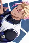  1boy absurdres black_bodysuit blonde_hair blue_lock bodysuit dark-skinned_male dark_skin gradient_hair grin highres long_sleeves looking_at_viewer male_focus may_(illust_man_2020) multicolored_hair pink_eyes pink_hair shidou_ryuusei short_hair smile soccer_uniform solo sportswear tank_top tsurime upper_body white_tank_top 