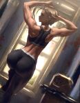  1girl antenna_hair arms_up ass black_sports_bra blonde_hair blue_eyes cammy_white commentary english_commentary from_behind hand_on_own_head infi looking_to_the_side muscular muscular_female pants scar scar_on_face short_hair solo sports_bra street_fighter street_fighter_6 window yoga_pants 