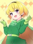  1girl anpanman belt black_hairband blonde_hair blush cape cosplay dot_nose fang gloves green_belt green_cape green_gloves hairband hazumi_otoya highres higurashi_no_naku_koro_ni houjou_satoko looking_at_viewer melonpanna_(anpanman) melonpanna_(anpanman)_(cosplay) open_mouth short_hair skin_fang solo tagme violet_eyes 