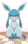  alacarte bell checkered_floor glaceon highres jingle_bell looking_at_viewer no_humans pokemon pokemon_(creature) simple_background sitting white_background 