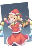  :d alternate_wings belt blonde_hair christmas commentary flandre_scarlet gift hair_ornament hat highres holding holding_gift holding_sack holly_hair_ornament kalmia495 looking_at_viewer one_side_up open_mouth pointy_ears rainbow_order red_eyes red_headwear red_shirt red_skirt sack santa_costume santa_hat shirt skirt smile snowflakes touhou wings 